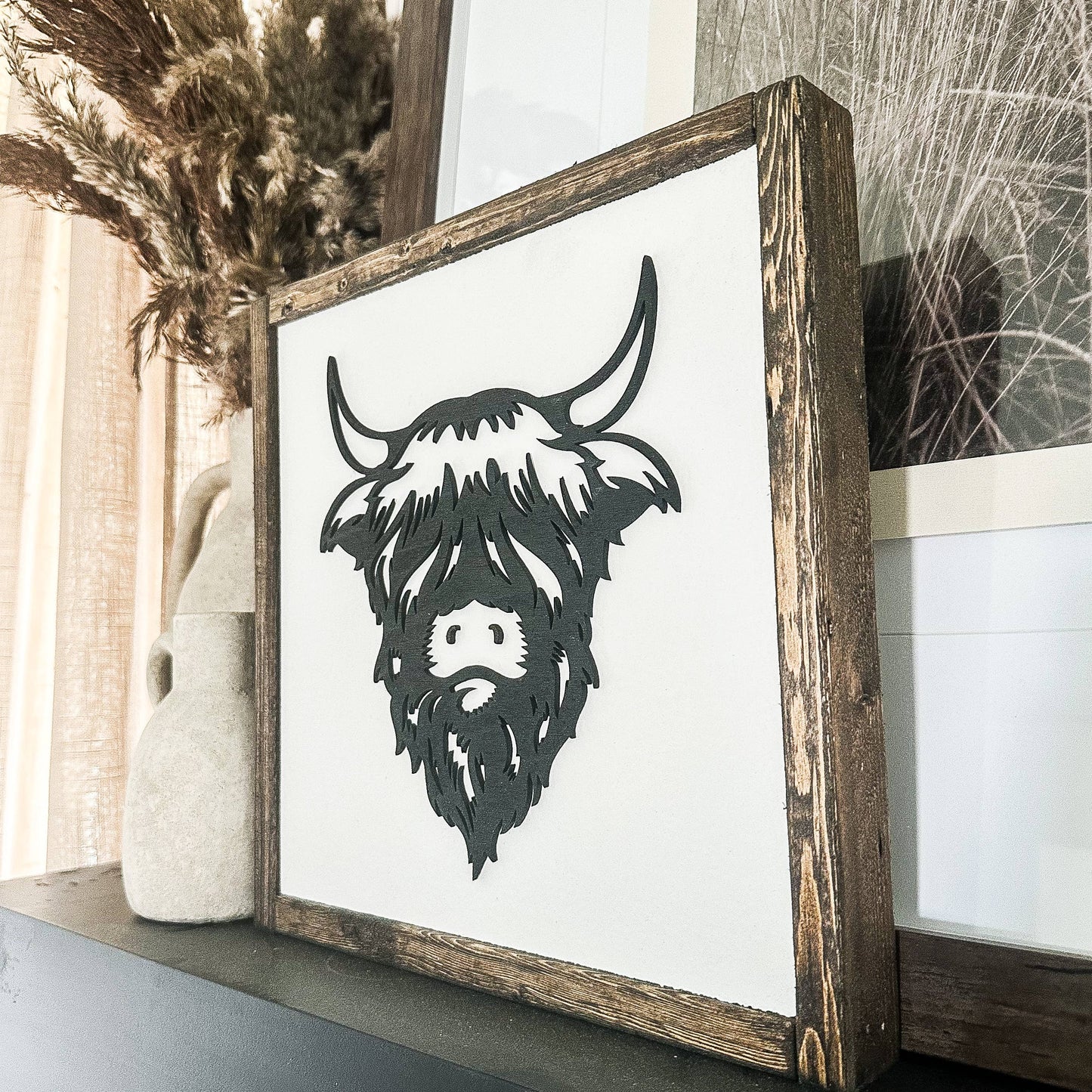 Highland Cow Laser 3D Wood Sign: 12x12 / Dark Walnut