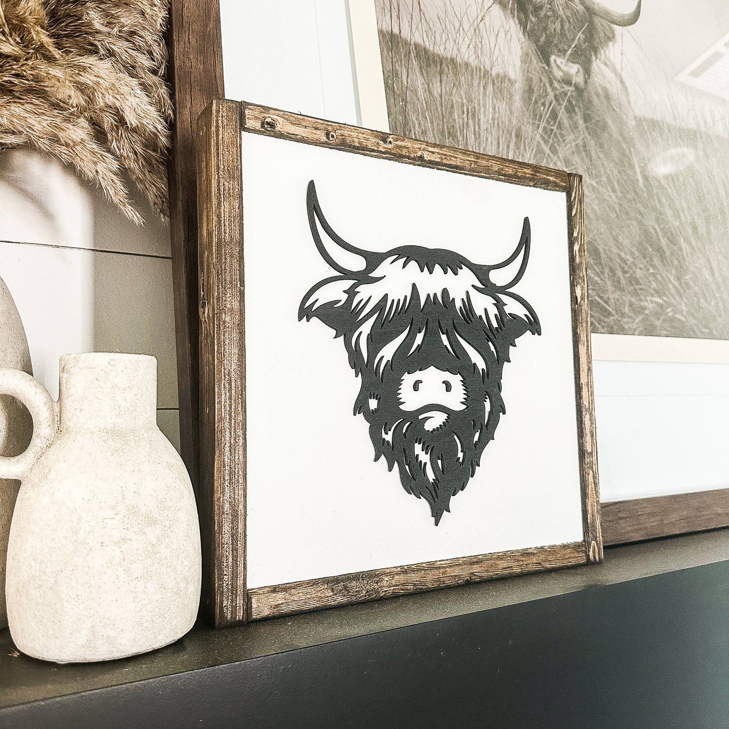Highland Cow Laser 3D Wood Sign: 12x12 / Dark Walnut