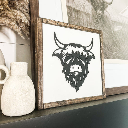 Highland Cow Laser 3D Wood Sign: 12x12 / Dark Walnut