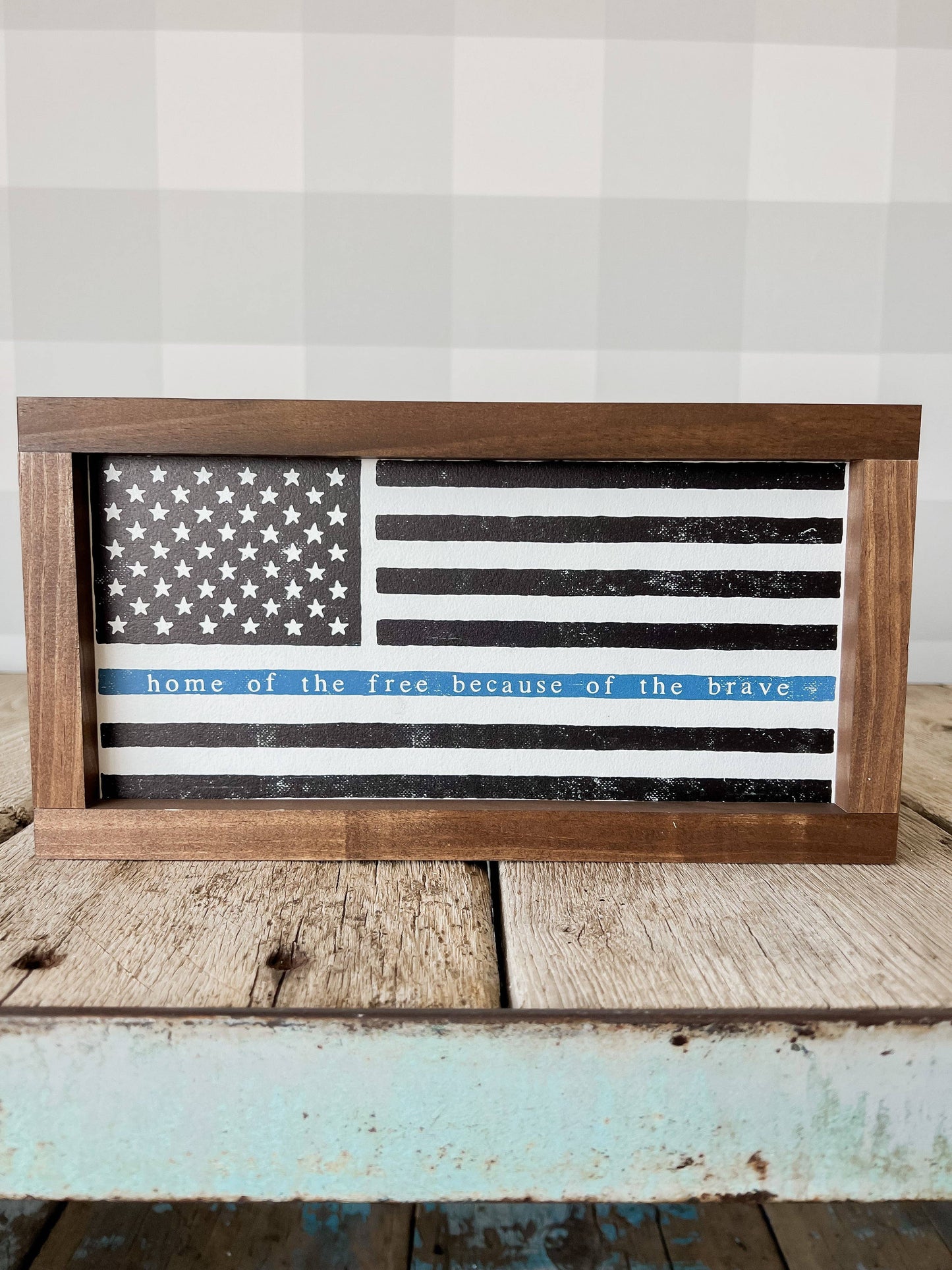 Home of the Free Distressed Flag: 13x7" / Blue Stripe