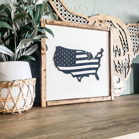 USA Flag Framed Wood Sign